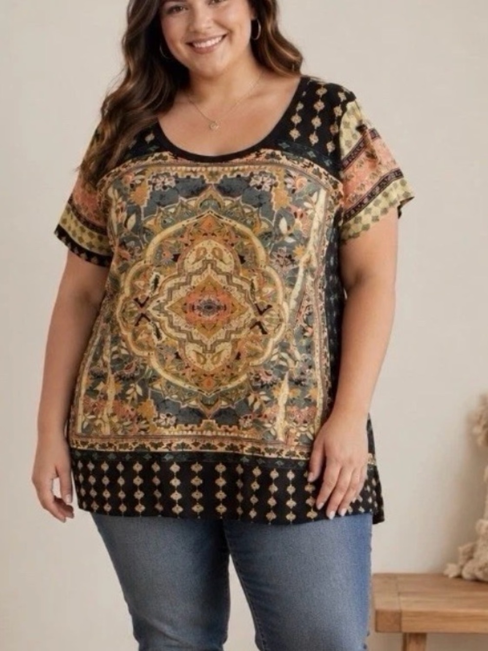 Lucky Brand Women Navy Multi Colored Top Tee Shirt Size 1X Blouse O112
